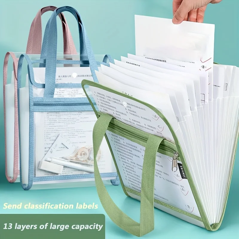 13-Pocket Expanding File Folder-A4 Letter Size, Multi-Color Durable Fabric with Zipper&Handle Straps for Office Classroom