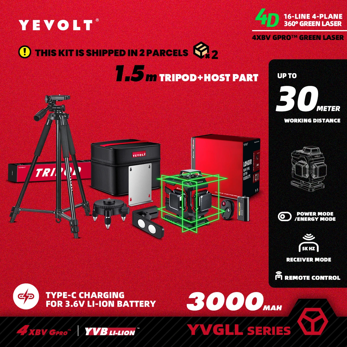 YEVOLT TP-YVGLL4XS16B1P Series Green Laser Level 4-Plane 16-Line Self-leveling 360 4D Power Measuring Tool-1.5M Aluminium Tripod