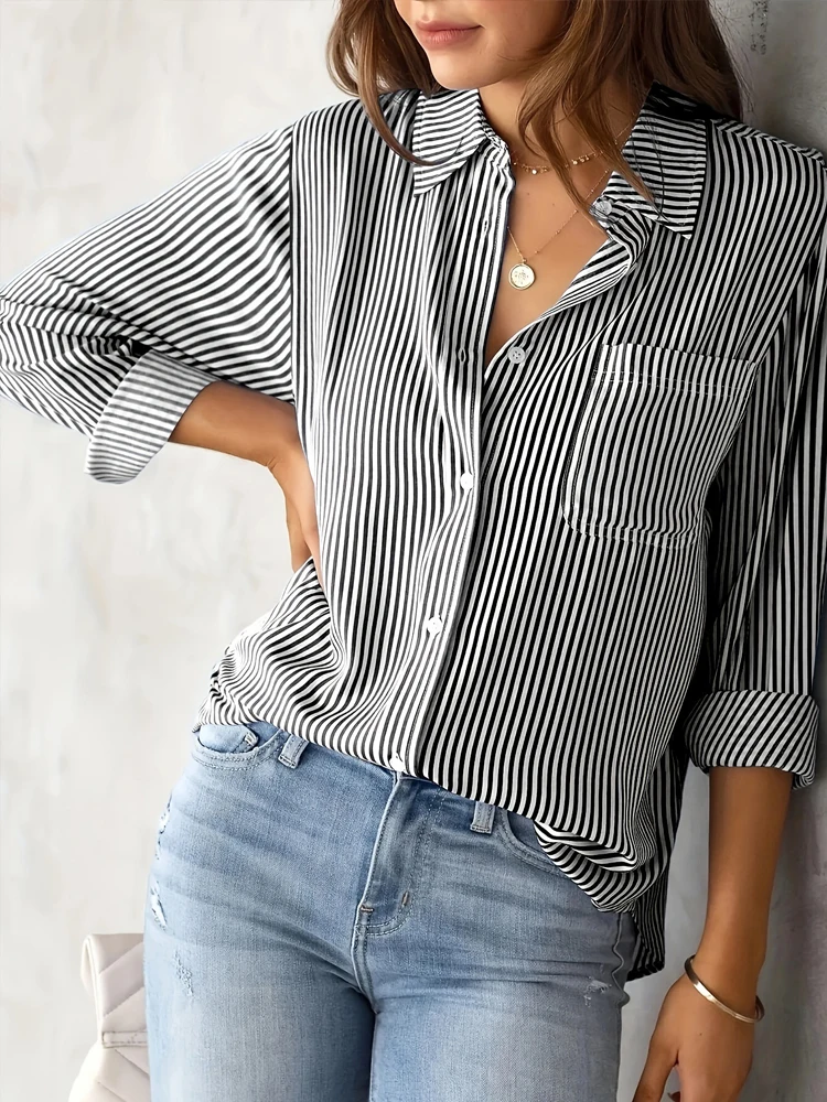 Zadily Dames Gestreept Turn-Down Kraag Button Down Shirt Met Zak Lange Mouw Losse Kantoor 2025 Herfst Blouse Werkkleding