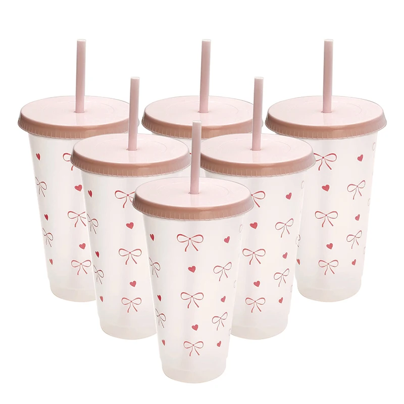 1Pc a Cute Bowknot Water Bottle Aesthetic Tumbler For Ice Coffee Juice Te Plastic Cups With Straw Lid Portable Drinking Bottle view 4
