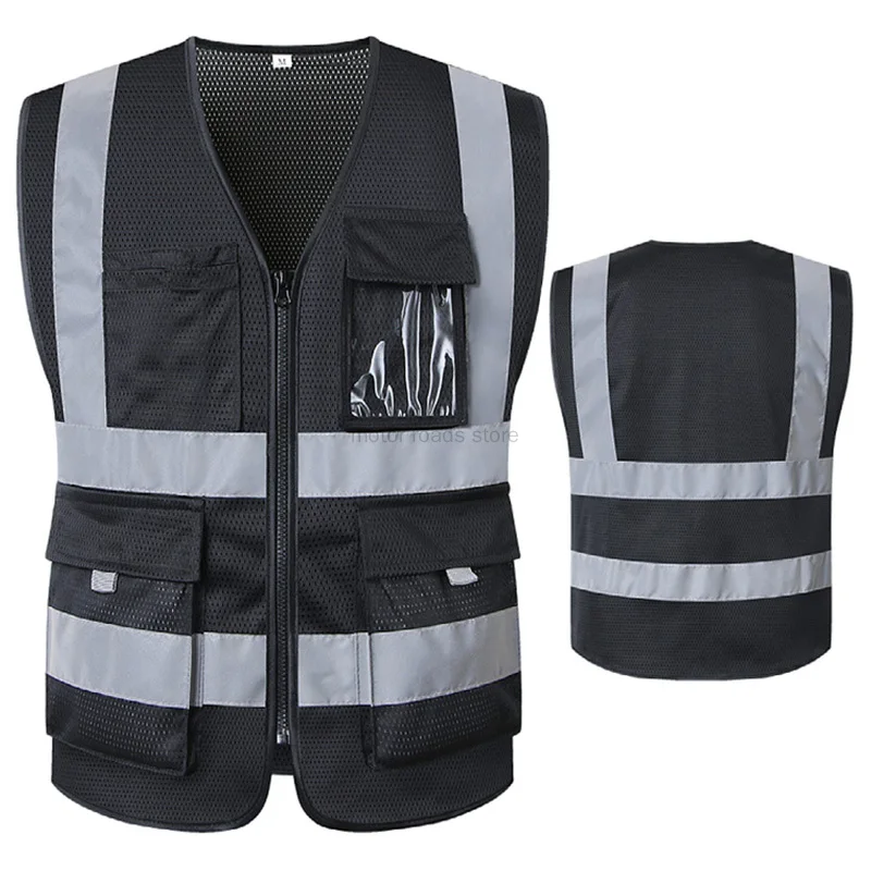 Black Reflective Safety Vest with Pockets High Visibility Sliver Strip for Men and Women Hi Vis Vest Construction