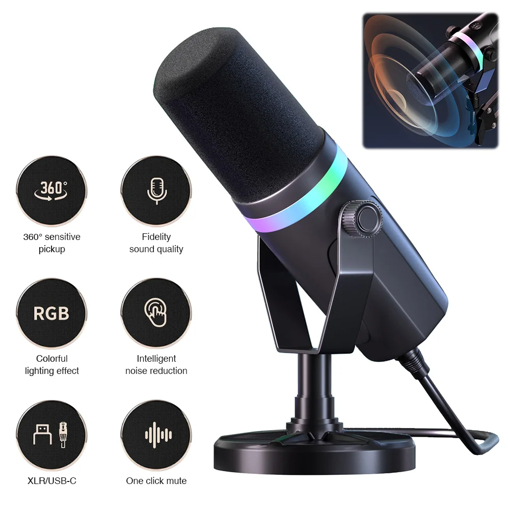 

XLR/USB Dynamic Gaming Microphone RGB PC Mic PC Computer Gaming Mic for Studio Recording Streaming Content Creation