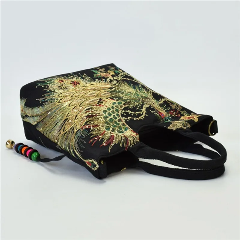 Women Shoulder Bag Handmade Shiny Peacock Embroidered Bohemia Handbag Retro Large Capacity Canvas Tote Shopping Messenger Purse