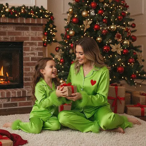 Women Xmas Pjs Set Green Satin Silk Button Down Shirts Jammies Sleepwear Family Christmas Pajamas Matching Sets