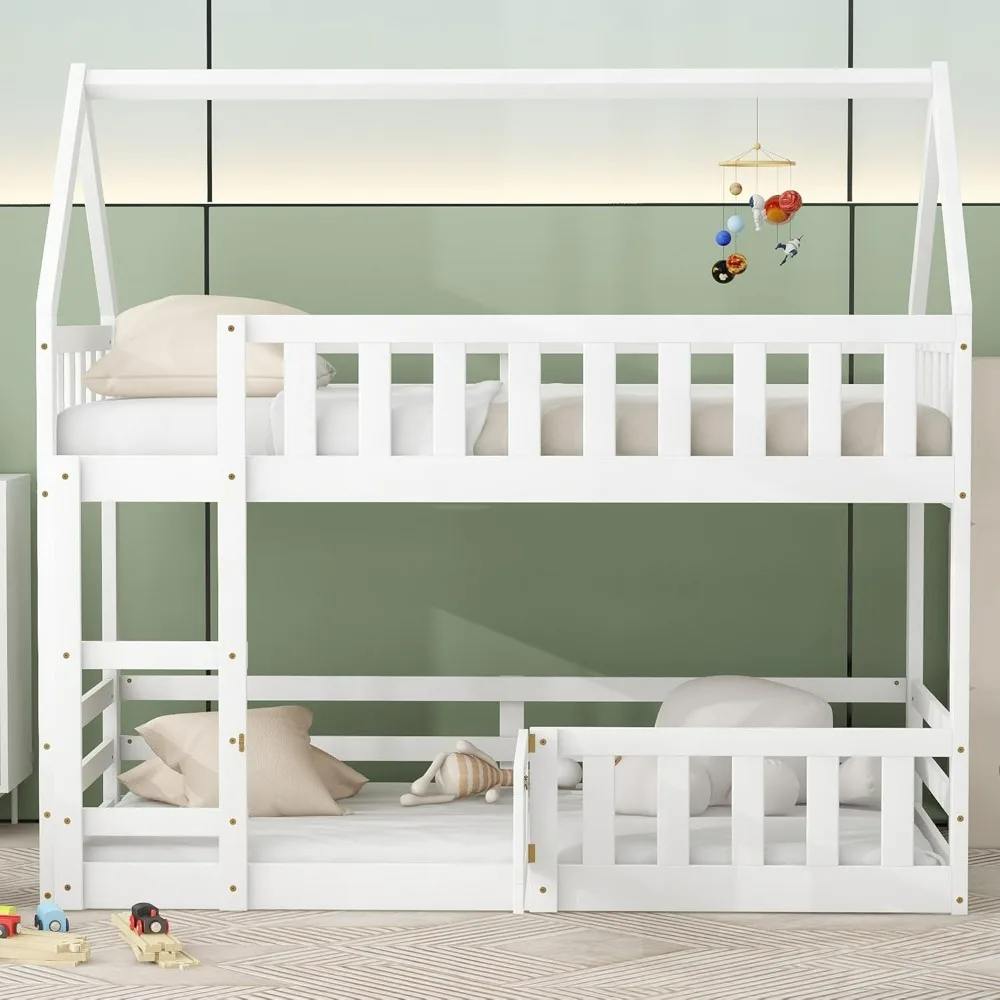 Twin Over Twin House Bunk Bed, Wood Bunk Bed Frame with Ladder and Guardrails, Floor Low Bunk Bed with Fence and Door