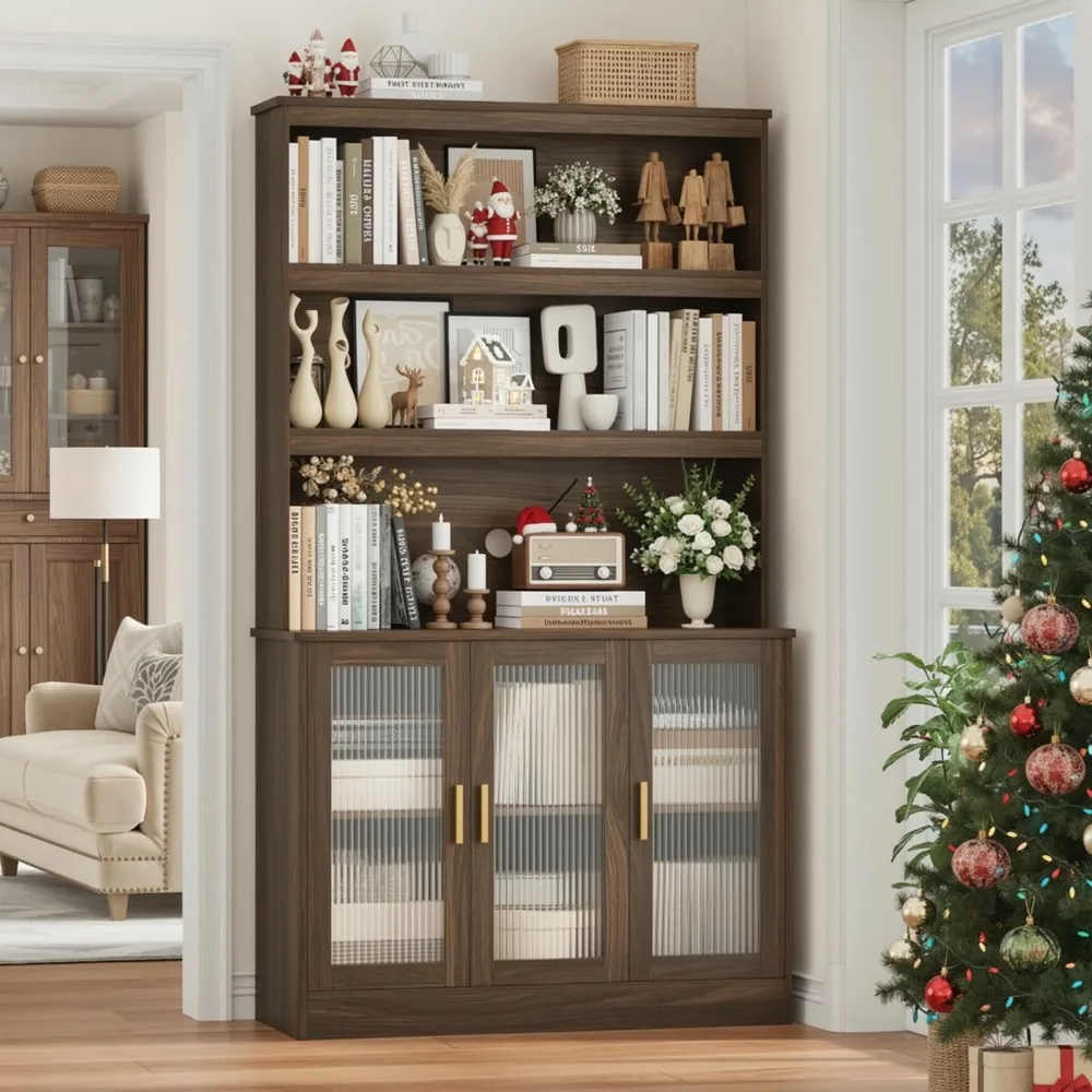 

Tall Storage Cabinet, 73 Kitchen Pantry Cabinet with Doors, Kitchen Cupboard Open Shelf, 5 Tier Tall Bookcase with Sto