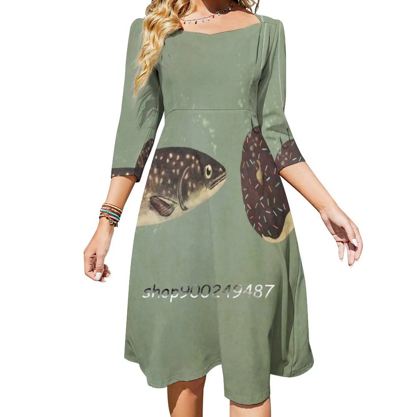 Irresistible Bait Dresses For Women A-Line Korea Style Slim Long Sleeve Dress Fish Fishing Trout Food Donut Funny Cute Surreal