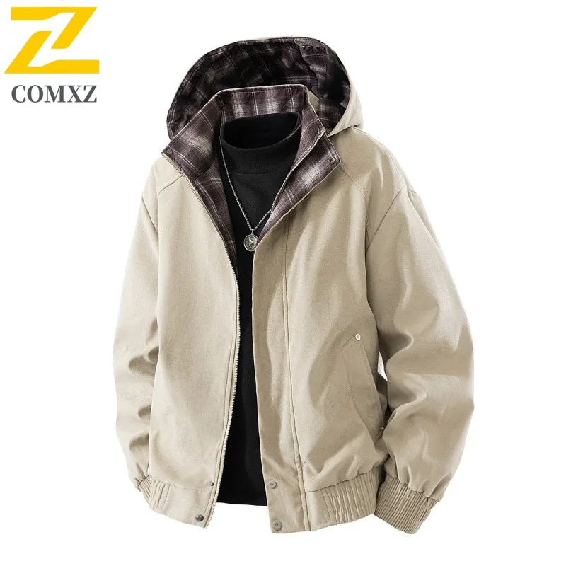 

COMXZ 2025 Mens Detachable Plaid Jacket American Style Trendy Casual Coat