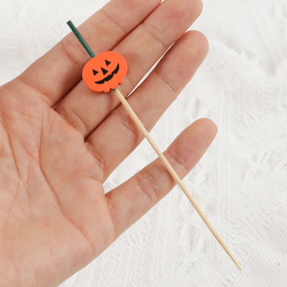 50Pc Halloween Pumpkin Bamboo Disposable Fruit Fork Skewer Sandwich Dessert Cake Food Picks Birthday Halloween Party Decoration