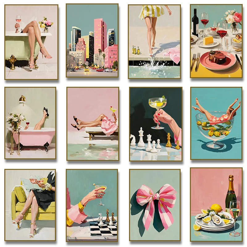Póster con ilustración de mujer junto a la piscina, ajedrez de cóctel de sardina, pintura en lienzo de paisaje urbano, imagen impresa para pared, decoración del hogar y la habitación