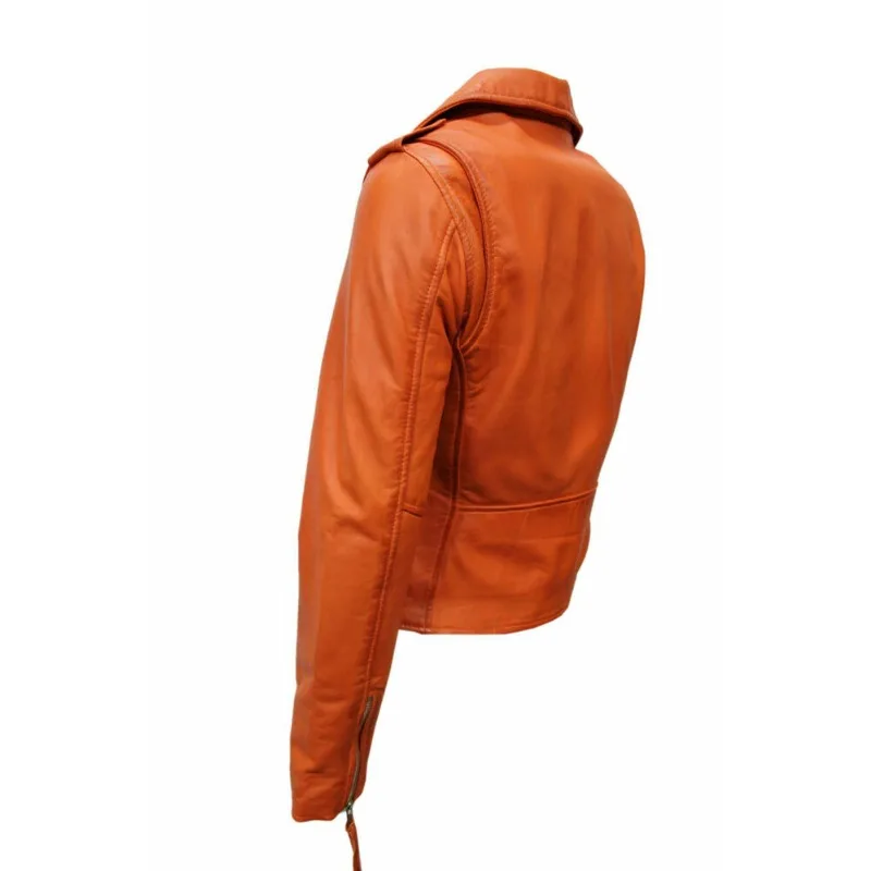 Classic Women's Soft Genuine Lambskin Real Leather Jacket Orange Party Wear Coat