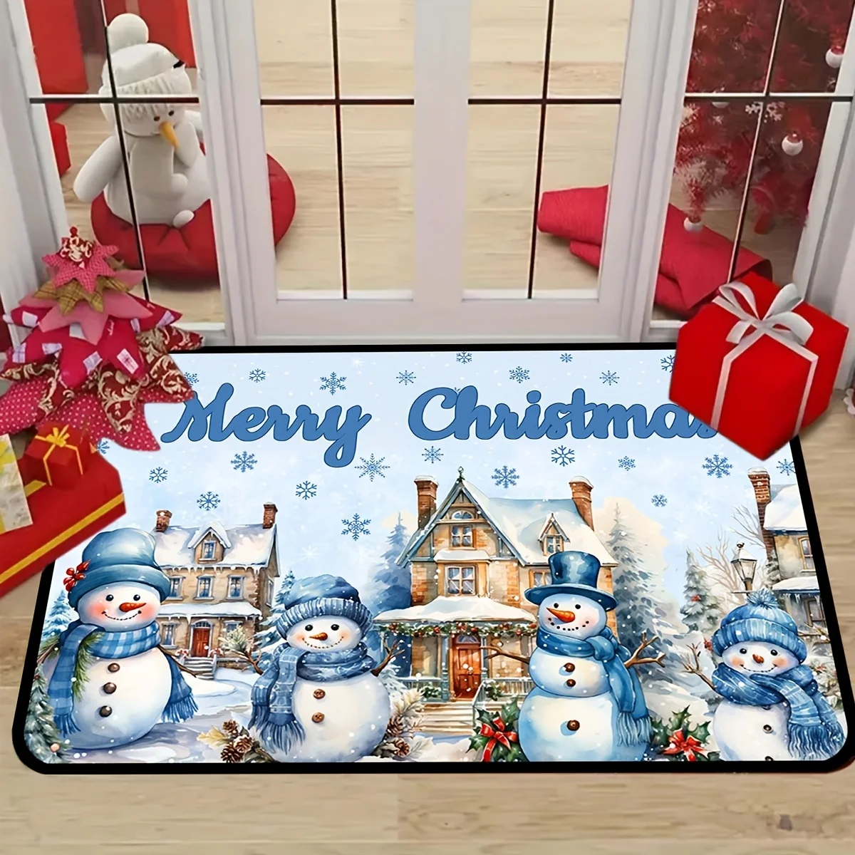 Charming Four Snowman Merry Christmas Winter Scene Print Washable Durable Floor Rug For Festive Holiday Front Doorway Cover