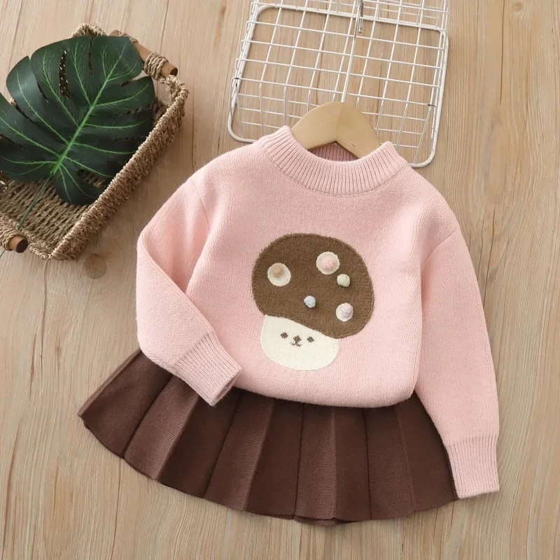 

Fall Fashion Kids Sweater Skirt Set Cute Mushroom Cartoon Print Girl Outfit 2Pcs Soft Knitted Top Pleated Skirt Children Clothes