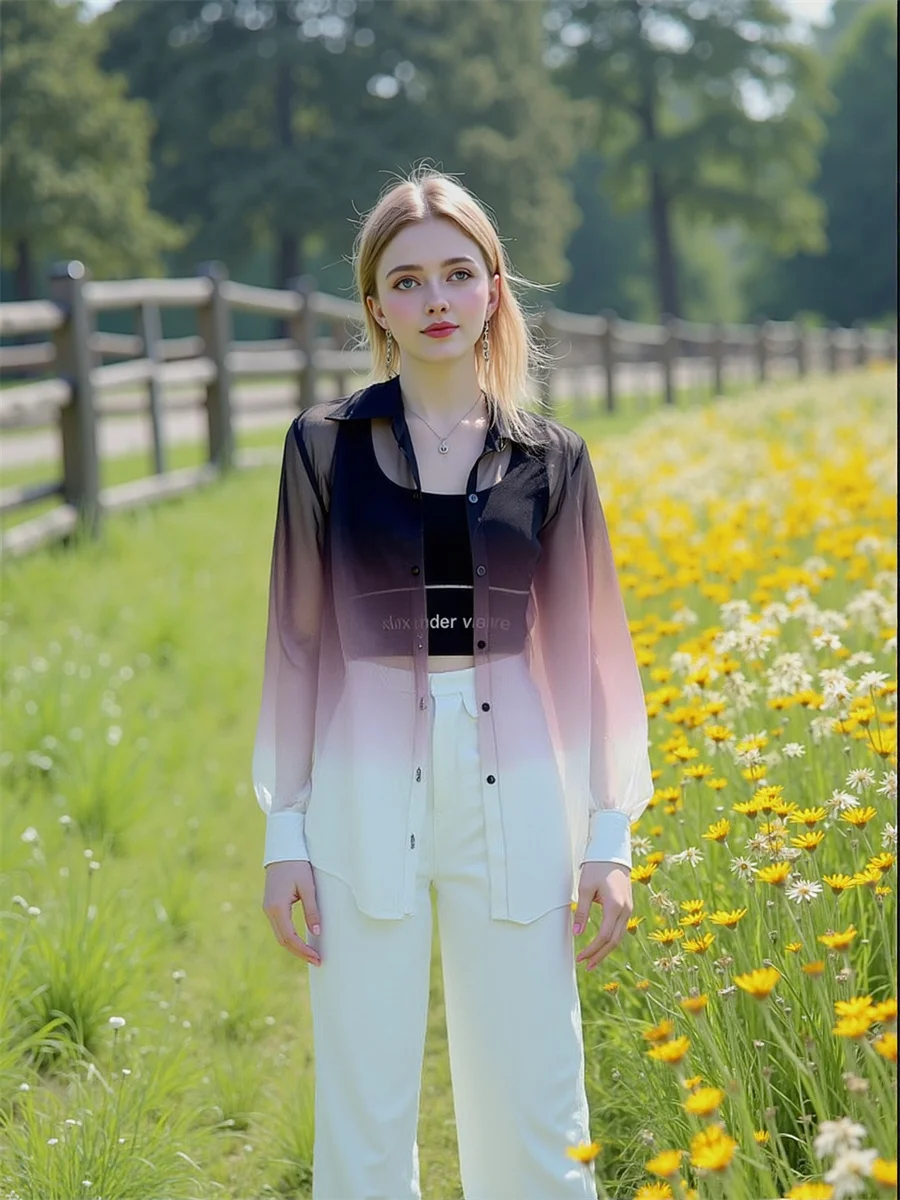 

Gradient See-through Shirts Harajuku Y2K Blouses Elegant Woman Top Spring Geometric Sheer Ovesized Collared Buttondown Laides OL