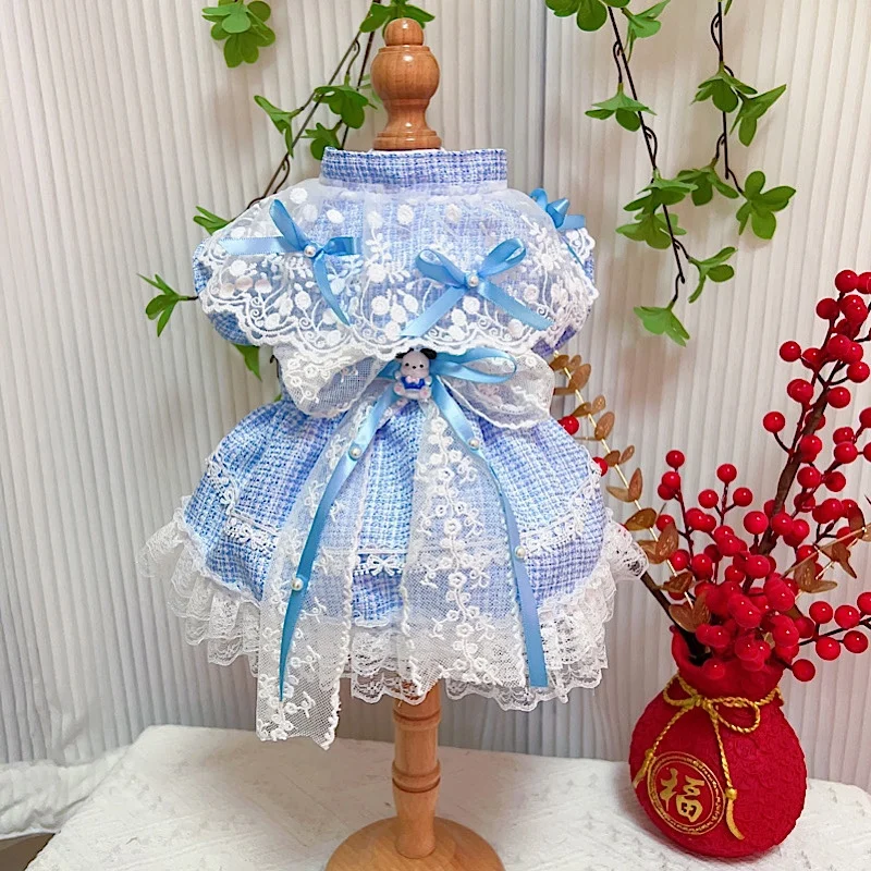 

Korean Puppy Dog's Clothing Lovely Bow Pink Blue Bow Princess Dress For Small Medium Dog Autumn Winter Pet Dog Clothes Outerwear