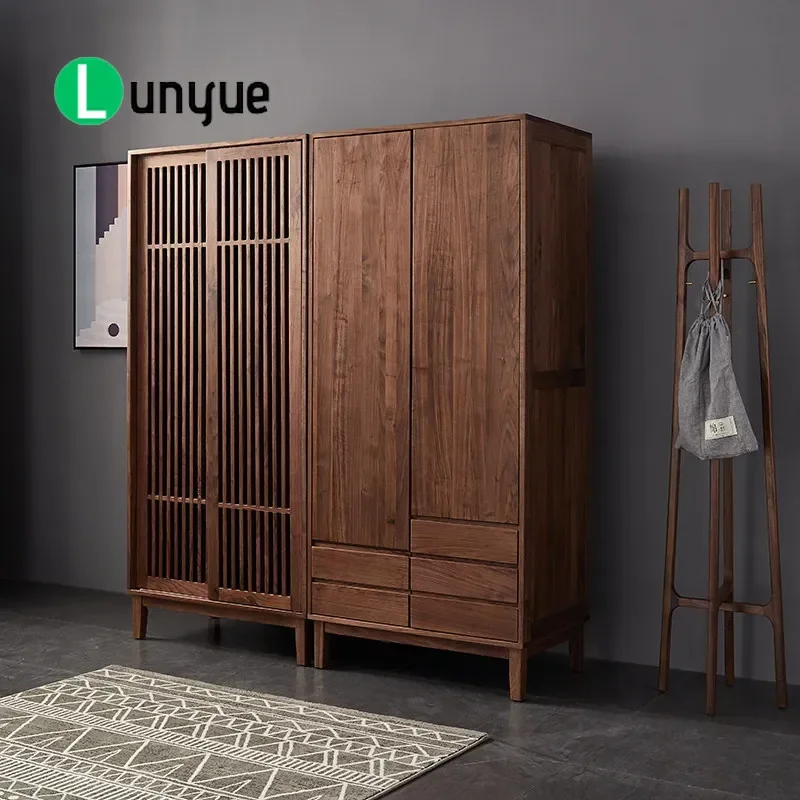Nordic Solid Wood Sliding Door Wardrobe Modern Simple Louver Cabinet for Small Apartment Bedroom Space Saving Storage