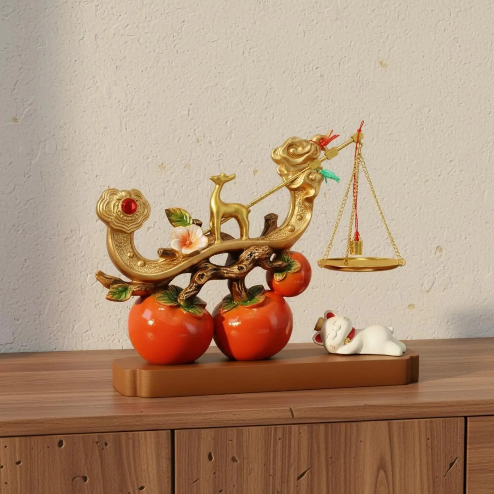 

Deer Balance Ornament Gift Box Persimmon Luck Statue House Decoration Gold Finish for Business Owners, Housewarming, Wedding