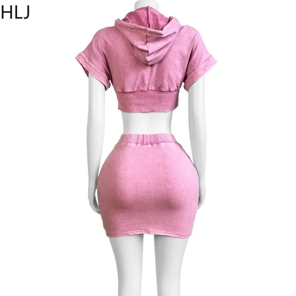 HLJ Fashion Pocket Cargo Hooded Two Piece Sets For Women Zip Slim Crop Top And Mini Skirts Outfits Female Washed 2pcs Streetwear