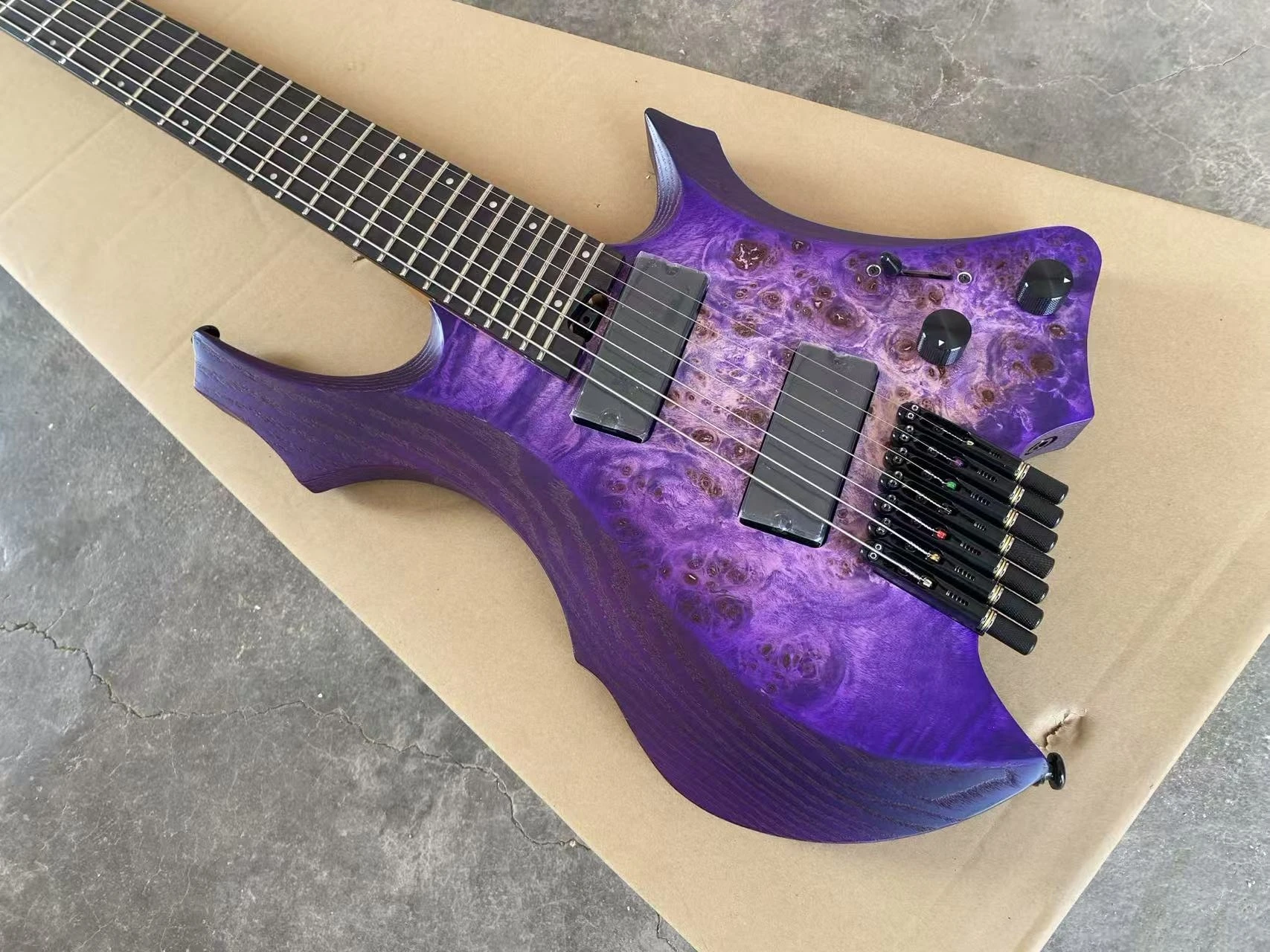 7 String Purple Headless Electric Guitar Ash Body Burl Maple Top Fanned Frets, Active Pickups, 9 Piece Roasted Maple Neck