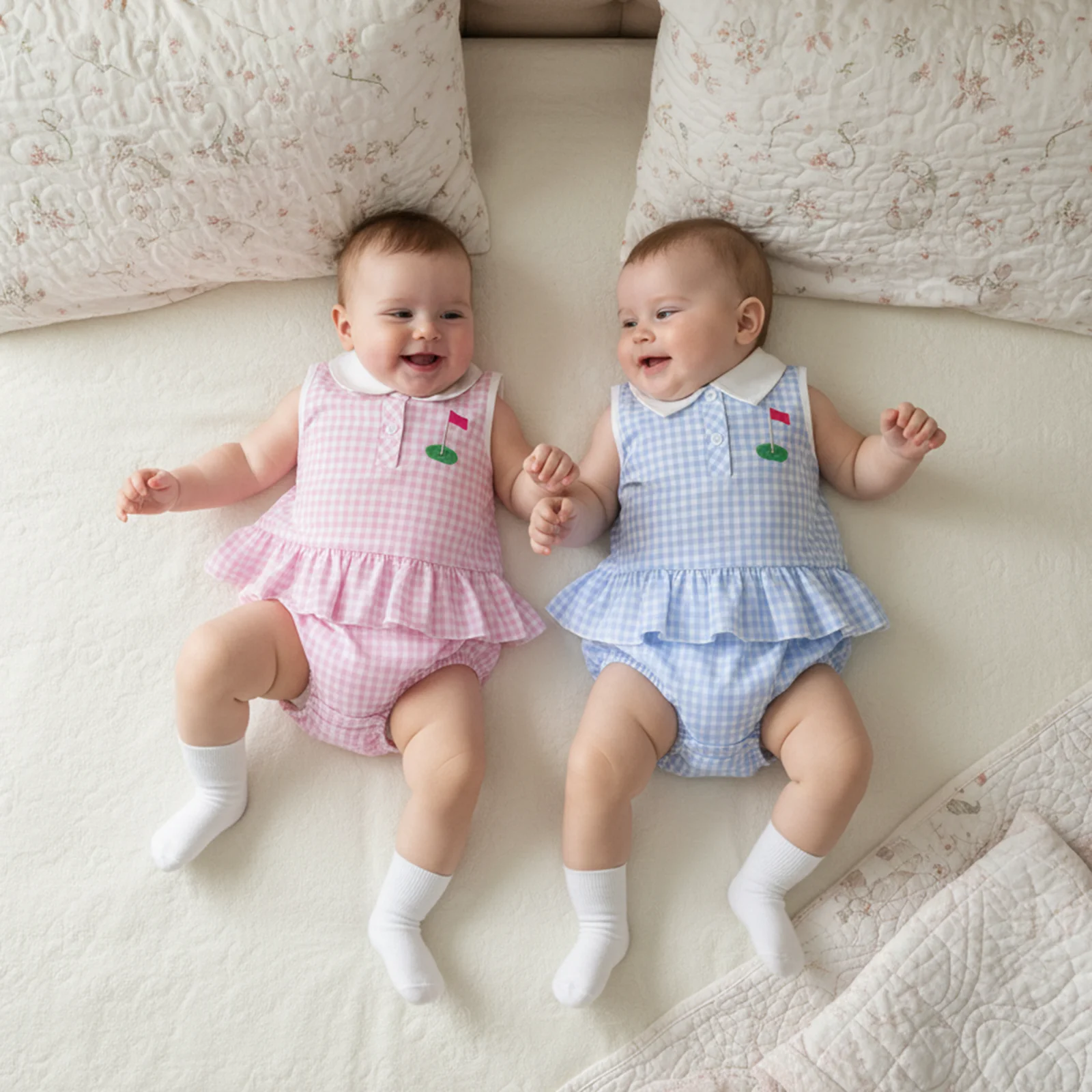 

Летняя повседневная одежда из 2 предметов для маленьких девочек, комплект из топов и шорт без рукавов с лацканами и клетчатым принтом для гольфа и вышивкой