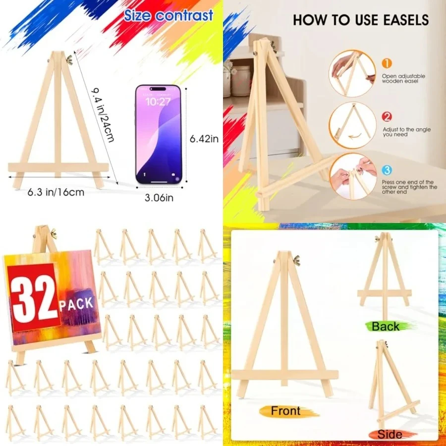 

32 Pack 9 Inch Wood Easels, Easel Stand for Painting Canvases, Art, and Crafts, Tripod, Painting Party Easel, Kids Student Tabletop Easels for Painting, Portable Canvas Photo Picture Sign Holder