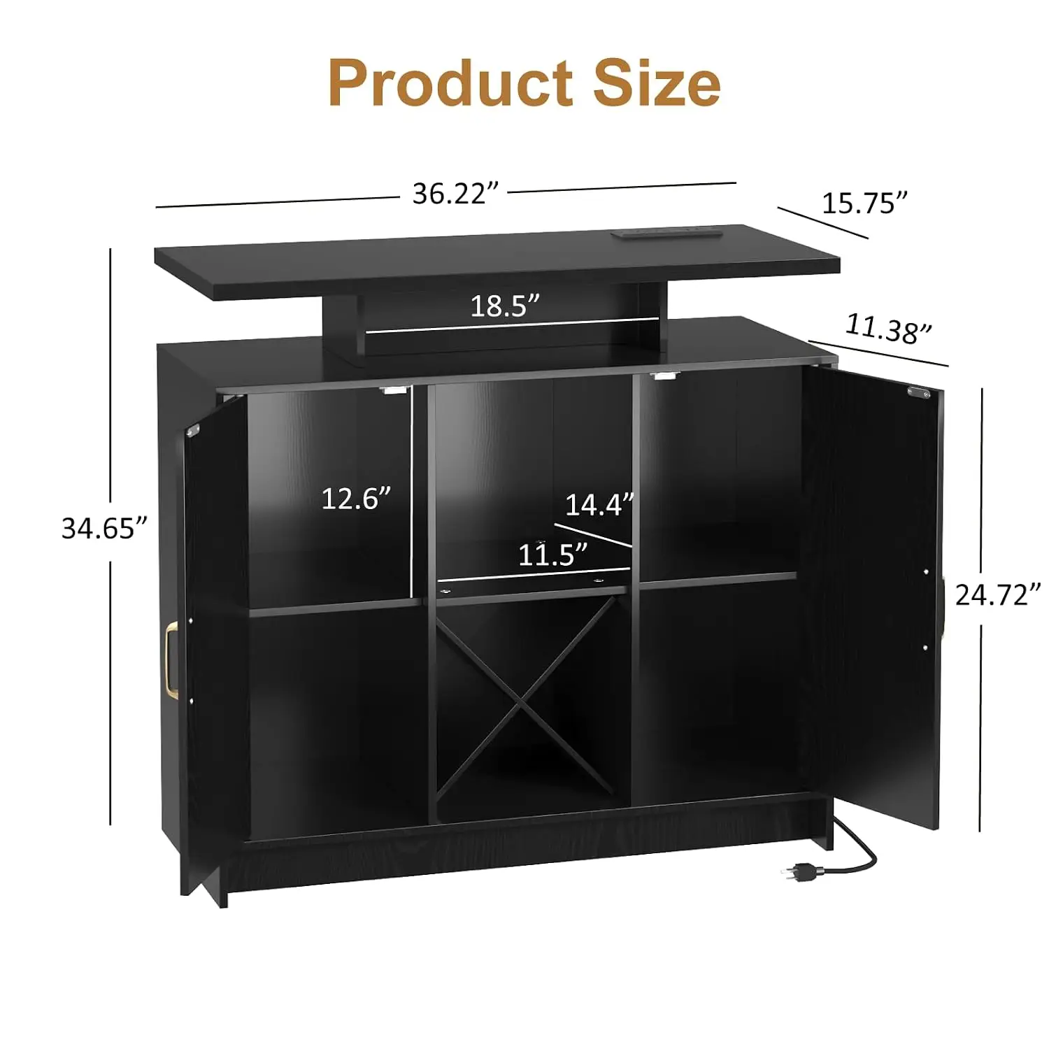 Bar Cabinet with Outlet & LED, Wine Rack & Shelves, Liquor Storage for Kitchen Dining Living Room, Black, Customized