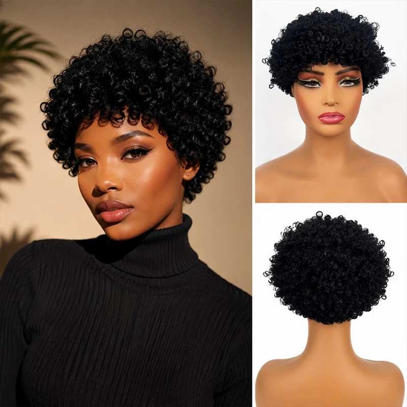 Women’s black 10-inch curly synthetic wig, natural-looking full-head style, suitable for everyday wear and parties