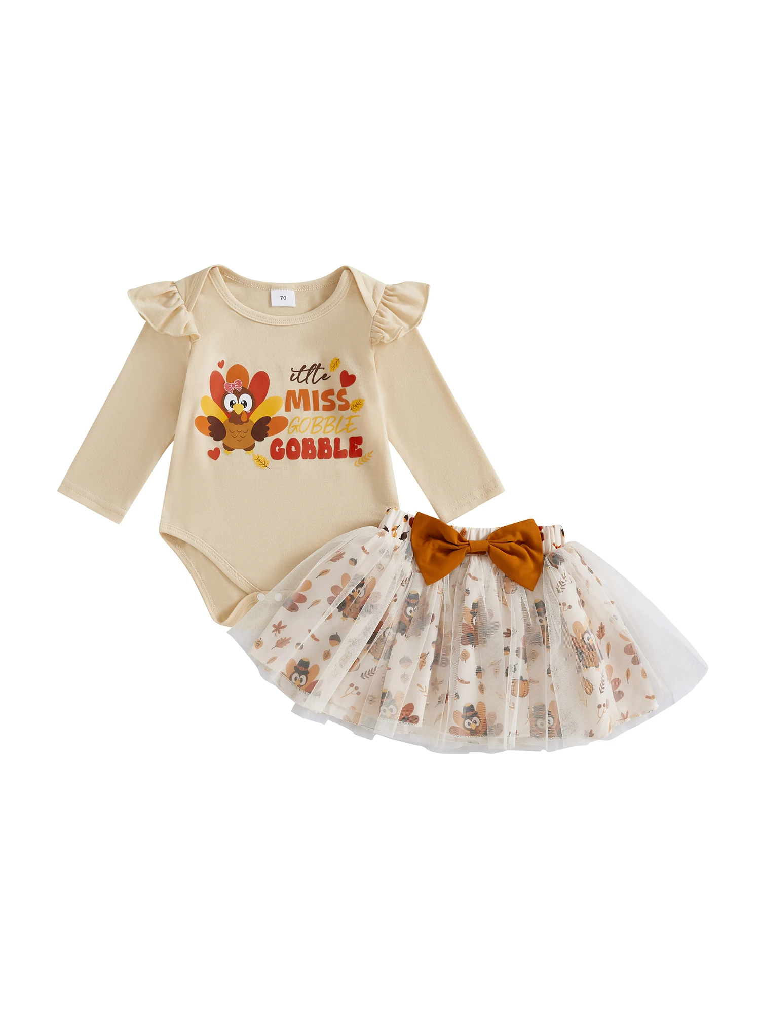

Thanksgiving Baby Girl Outfit Adorable Turkey Print Romper with Ruffle Sleeves Bow Detail and Tulle Skirt Set for Fall
