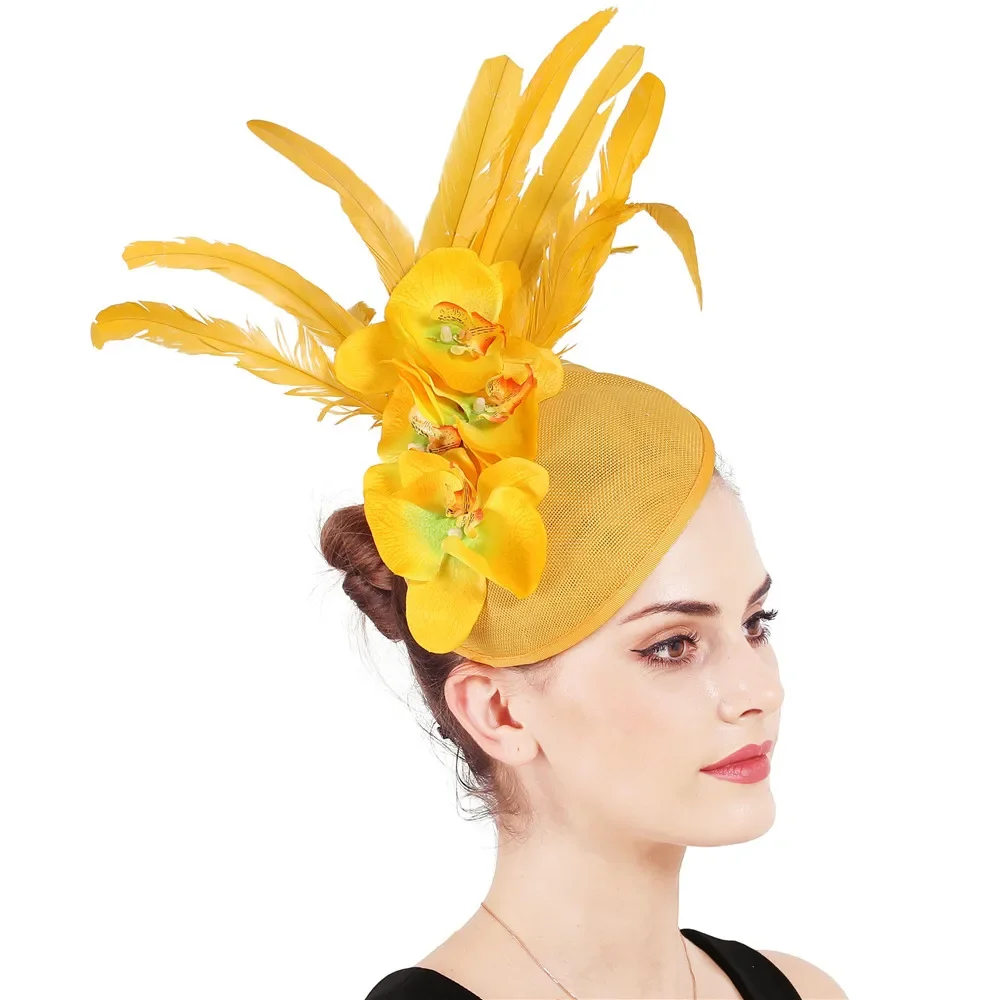 

Fashion Yellow Fascinator Derby Hat Flower For Lady Sinamay Church Hats Big Brim Fedoras Wedding Party Dress Hat XMF320