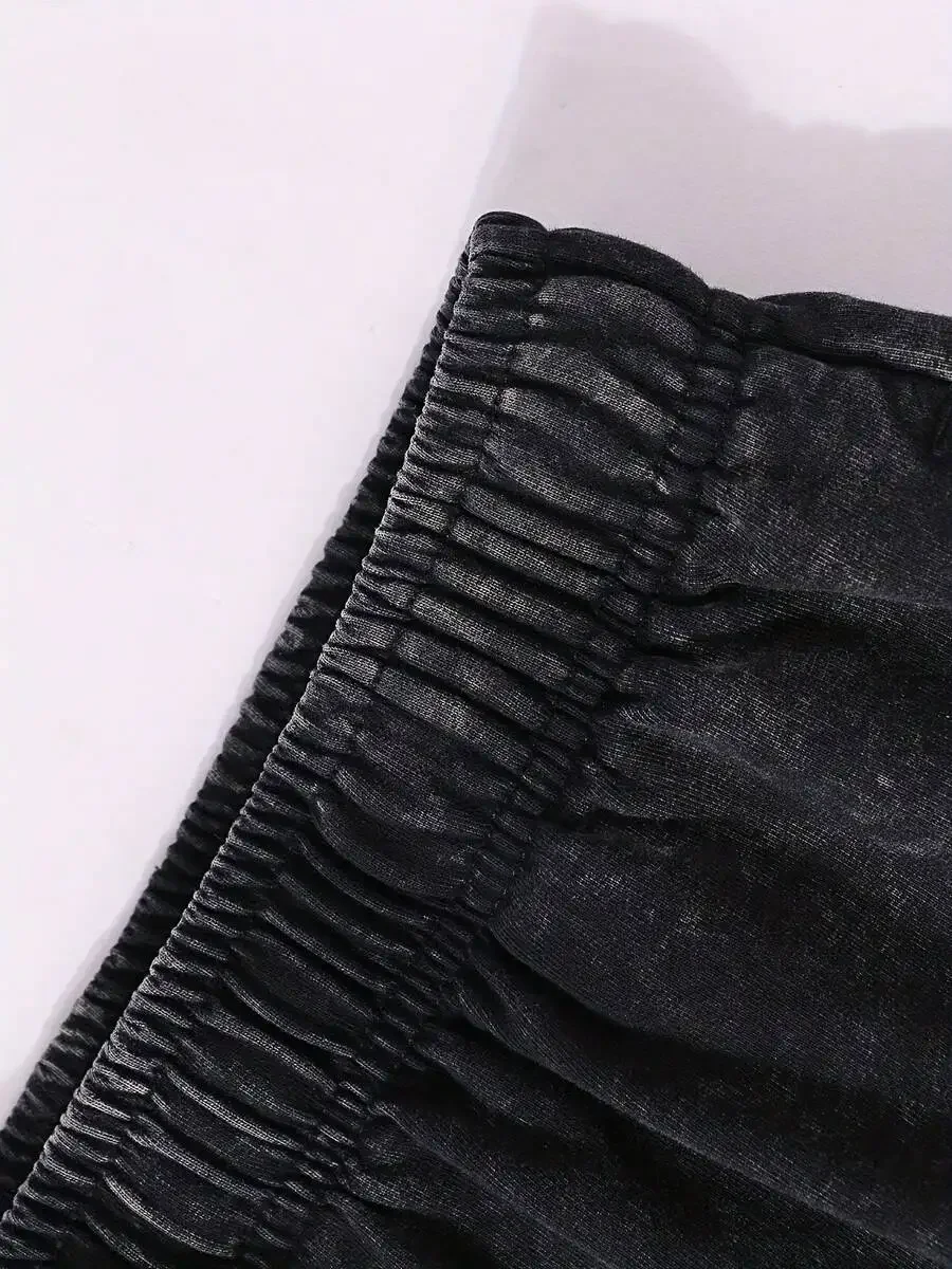 

Mens Black Cotton Loose Fit Drawstring Shorts Vintage Washed Streetwear Casual Basketball Shorts
