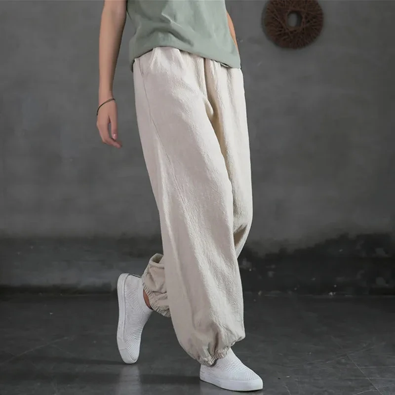 

Vintage Streetwear Cotton Linen Bloomers Pants Women Summer Korean High Waist Elastic Casual Pants Fashion Harajuku Trousers New