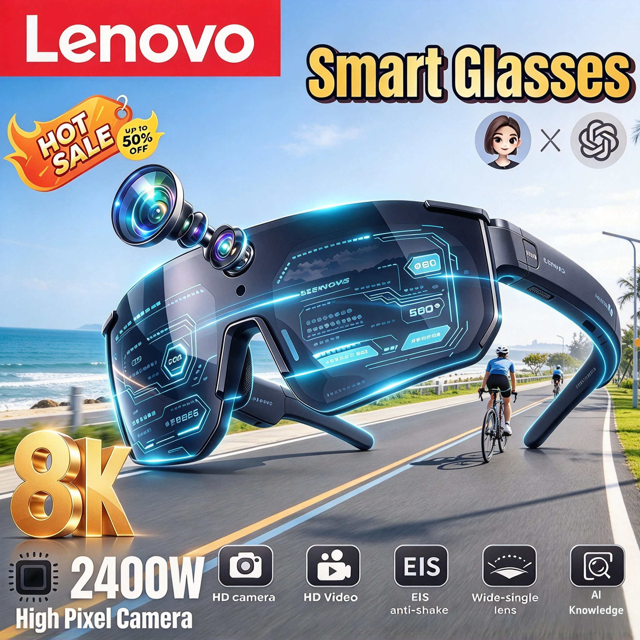Lenovo AI Smart Glasses 2400W 8K Anti-shake Camera Cycling Video&Photo Sport Sunglasses Windproof Goggles for Men Women New