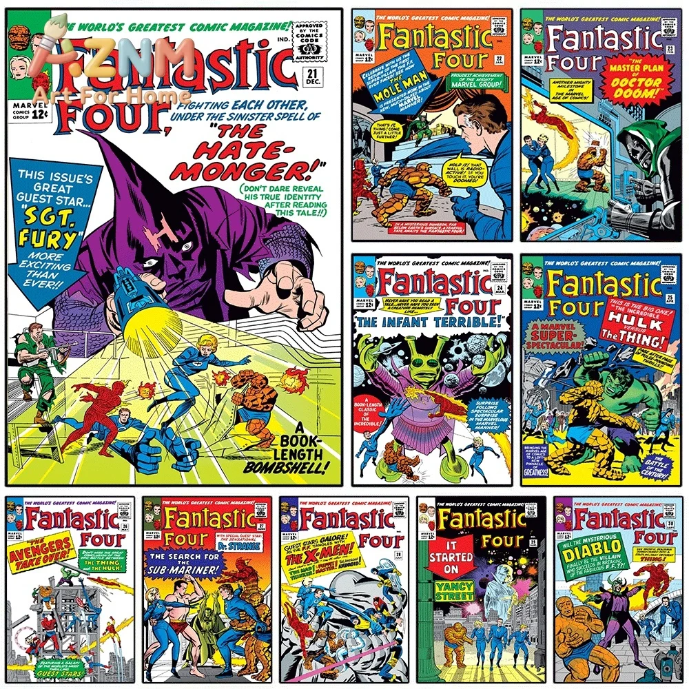 AZNM Fantastic Four The Hate-Monger Vintage Comic Cover Collage Canvas Wall Art Unframed Print, Superhero Poster for Bedroom L