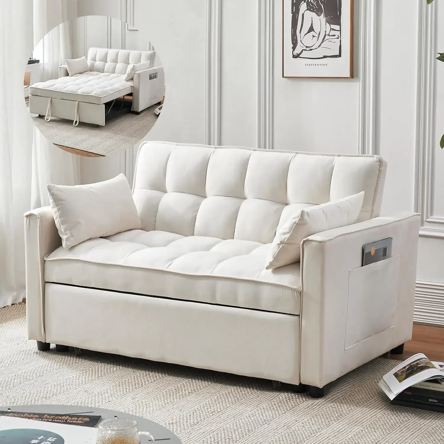 

Futon Sofa Bed, Modern Velvet 3 in 1 Convertible Sleeper Sofa Couch Bed,Storage Pockets Living Room, Bedroom (Beige)