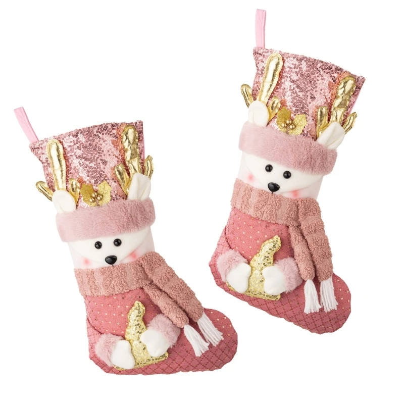 Luxurious Pink Glittering Christmas Stocking Soft Plush Pink Sequined Christmas Stocking for Elderly Gift Give Occasion