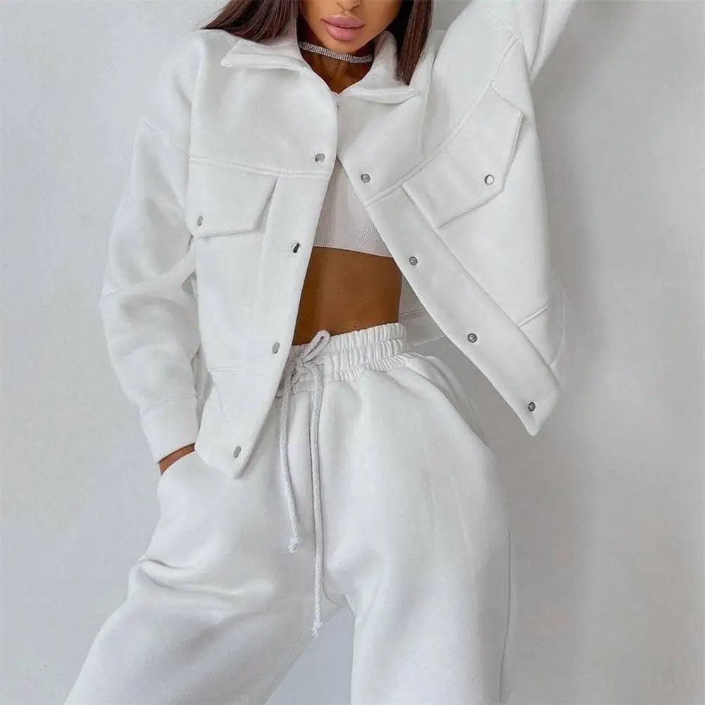 Autumn Tracksuit Women Two Piece Set Lapel Long Sleeve Solid Color Warm Jackets Drawstring Pants Suit ensemble jogging femme