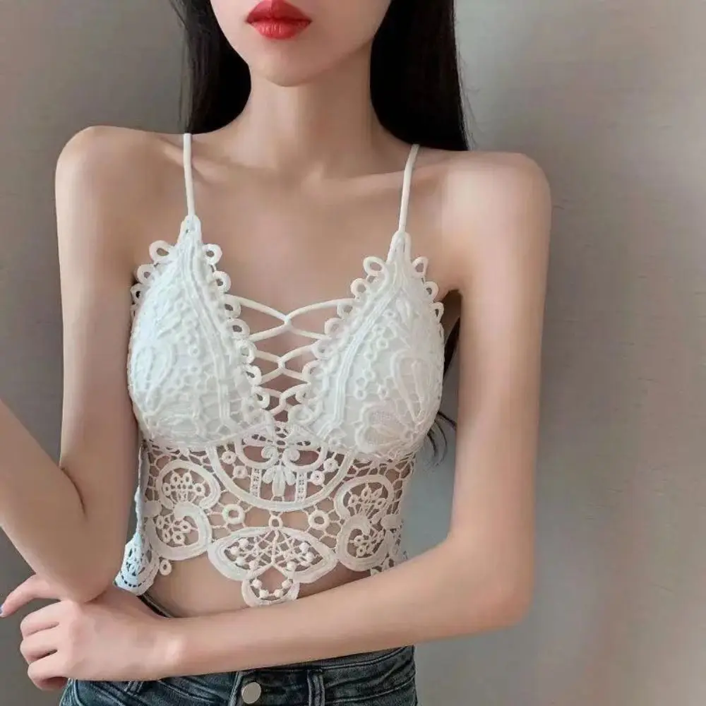 

Fashion Vest Bohemian Style Camisole Hollow Out Beachwear Deep V Bra Crop Top Sleeveless Lace Wireless Bra Beach