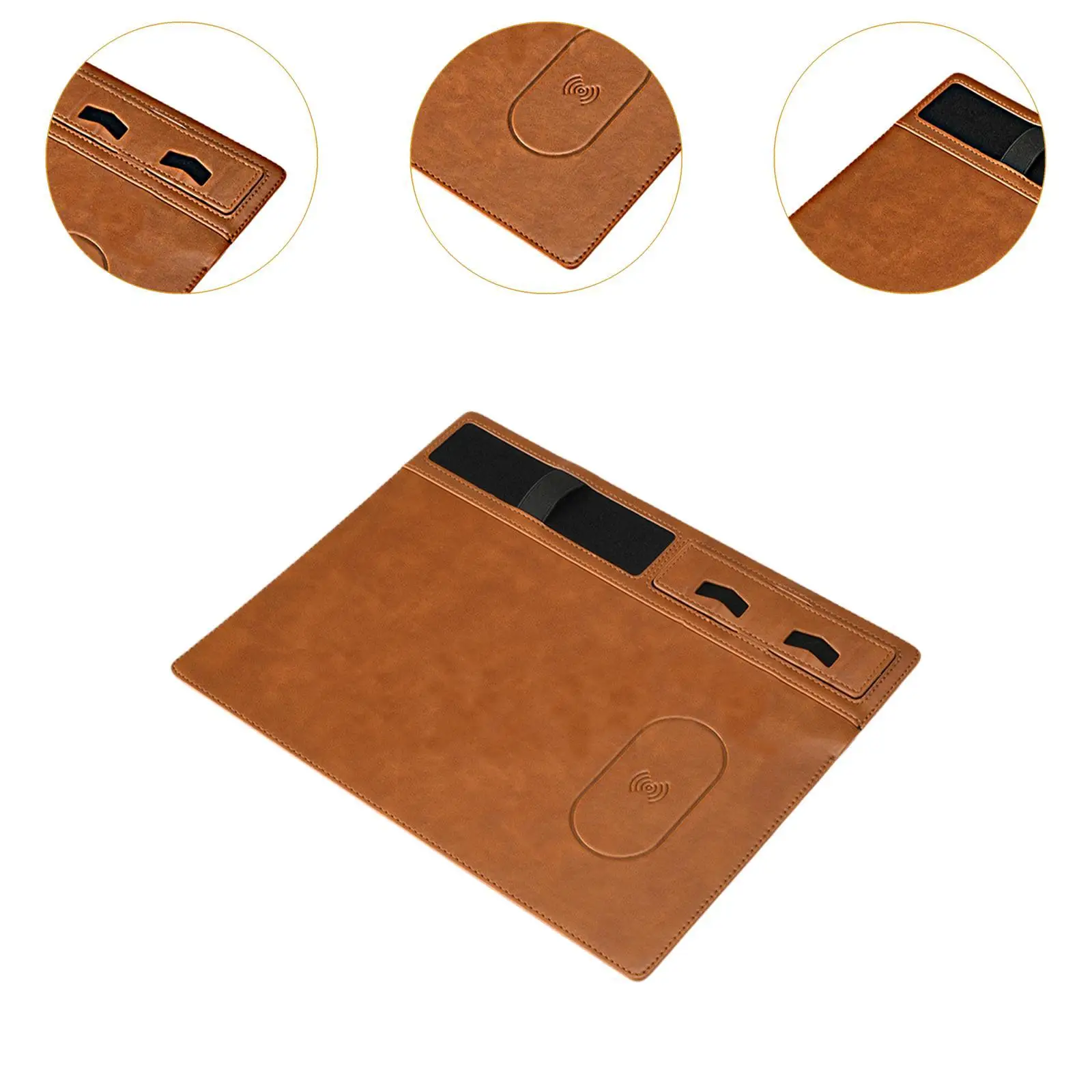 لوحة ماوس مكتبية باللون البني بقدرة 15 وات، شحن لاسلكي غير قابل للانزلاق مع حامل هاتف مع حامل قلم وحصيرة كمبيوتر لألعاب سطح المكتب والمكتب المنزلي