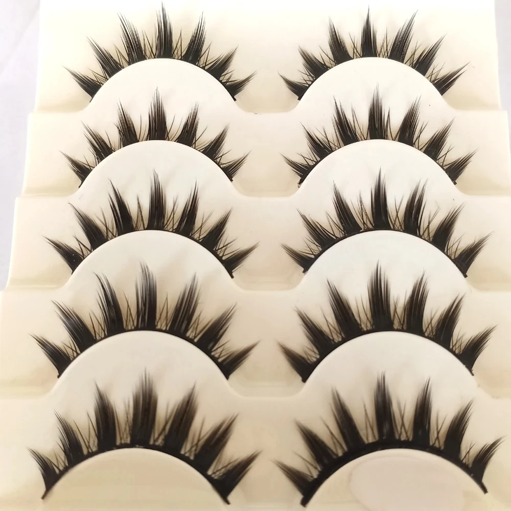 Maquillaje largo natural Tira cruzada Pestañas postizas Pestañas negras y pestañas de ojo de gato 5 pares