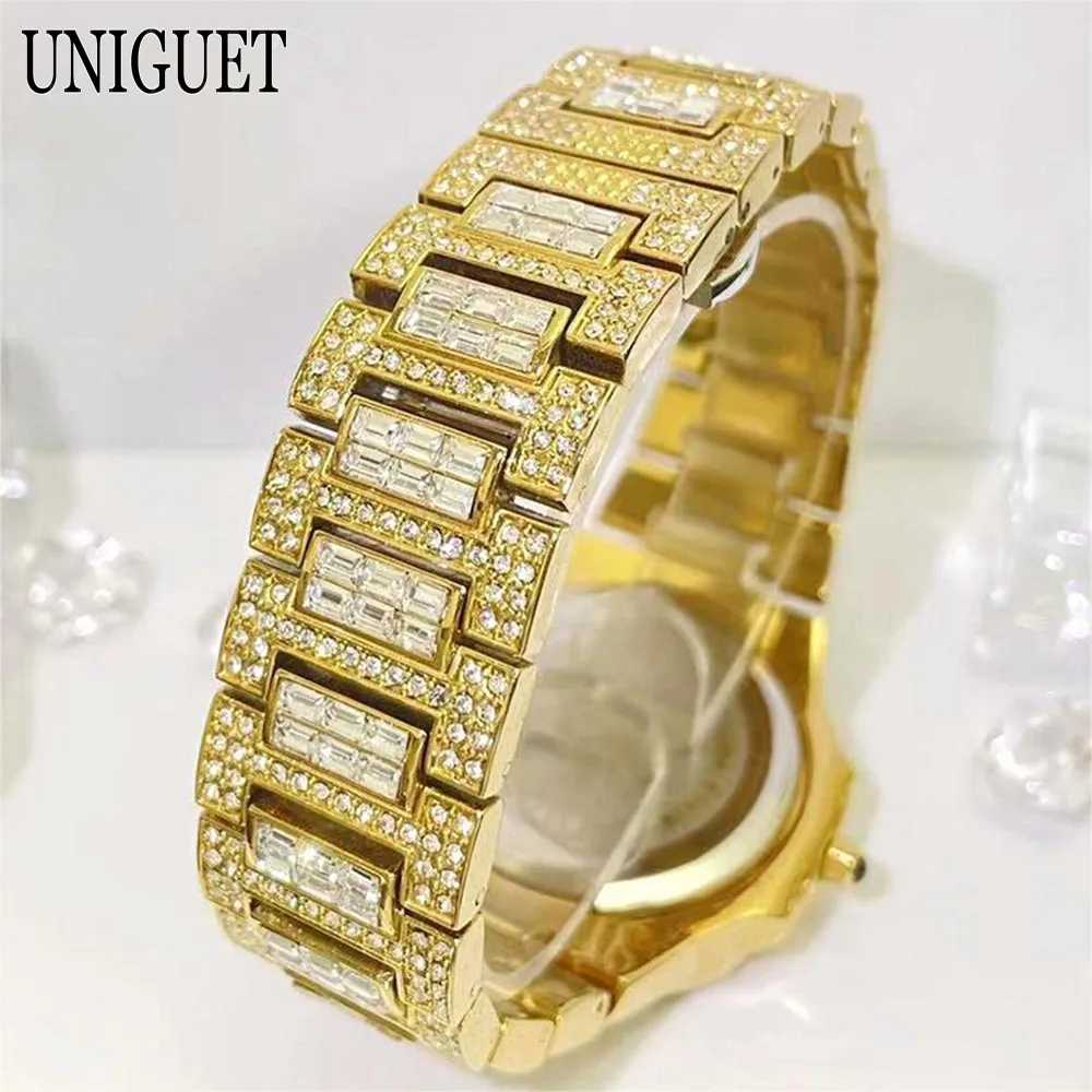 Luxury 18k Gold Watch For Men Fashion Stainless Steel Iced Out Watch Man\'s Hip Hop Square Diamond Quartz Wristwatch Dropshipping