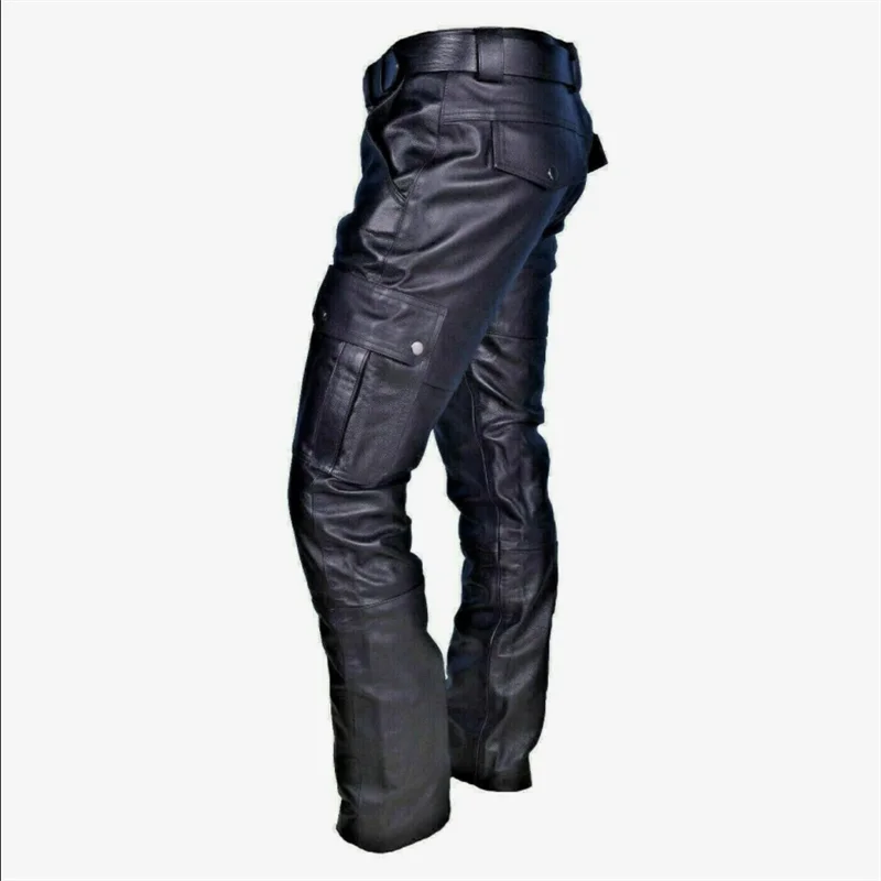 Nieuwe heren losse kunstleren broek zwart / rood / bruin mode mannelijk dagelijks vrije tijd motorfiets multi-pocket broek groot formaat 5XL