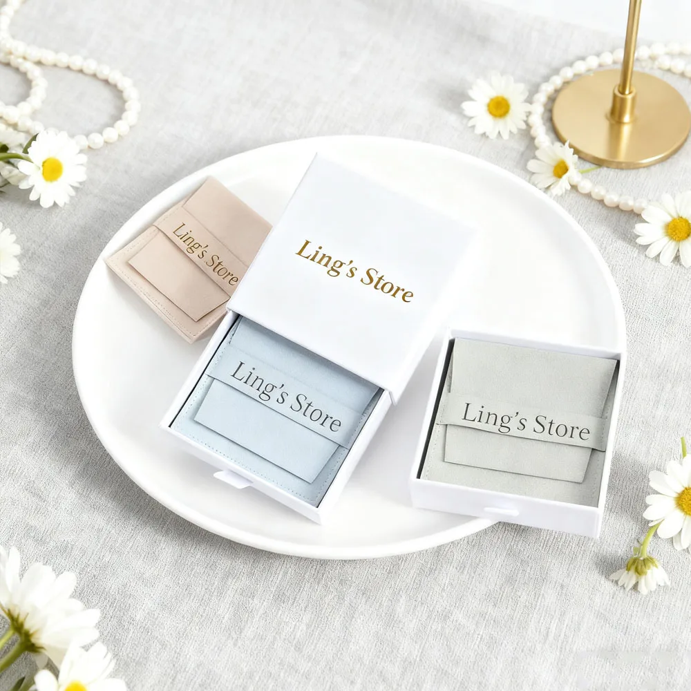 

White Cardboard Drawer Jewelry Boxes Custom Logo Jewelry Ring Necklace Earring Bracelet Microfiber Gift bags Small Business Case