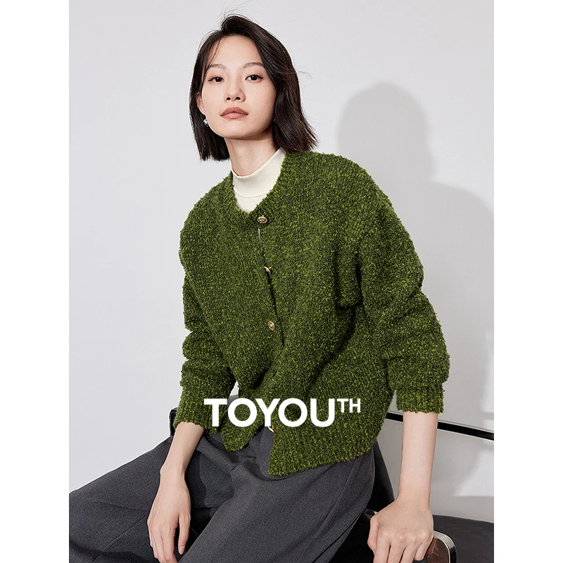 TOYOUTH Women Plush Knitted Sweater 2024 Autumn New Elegant Style Round Neck Long Sleeve Single Breasted Button Cardigan Coat