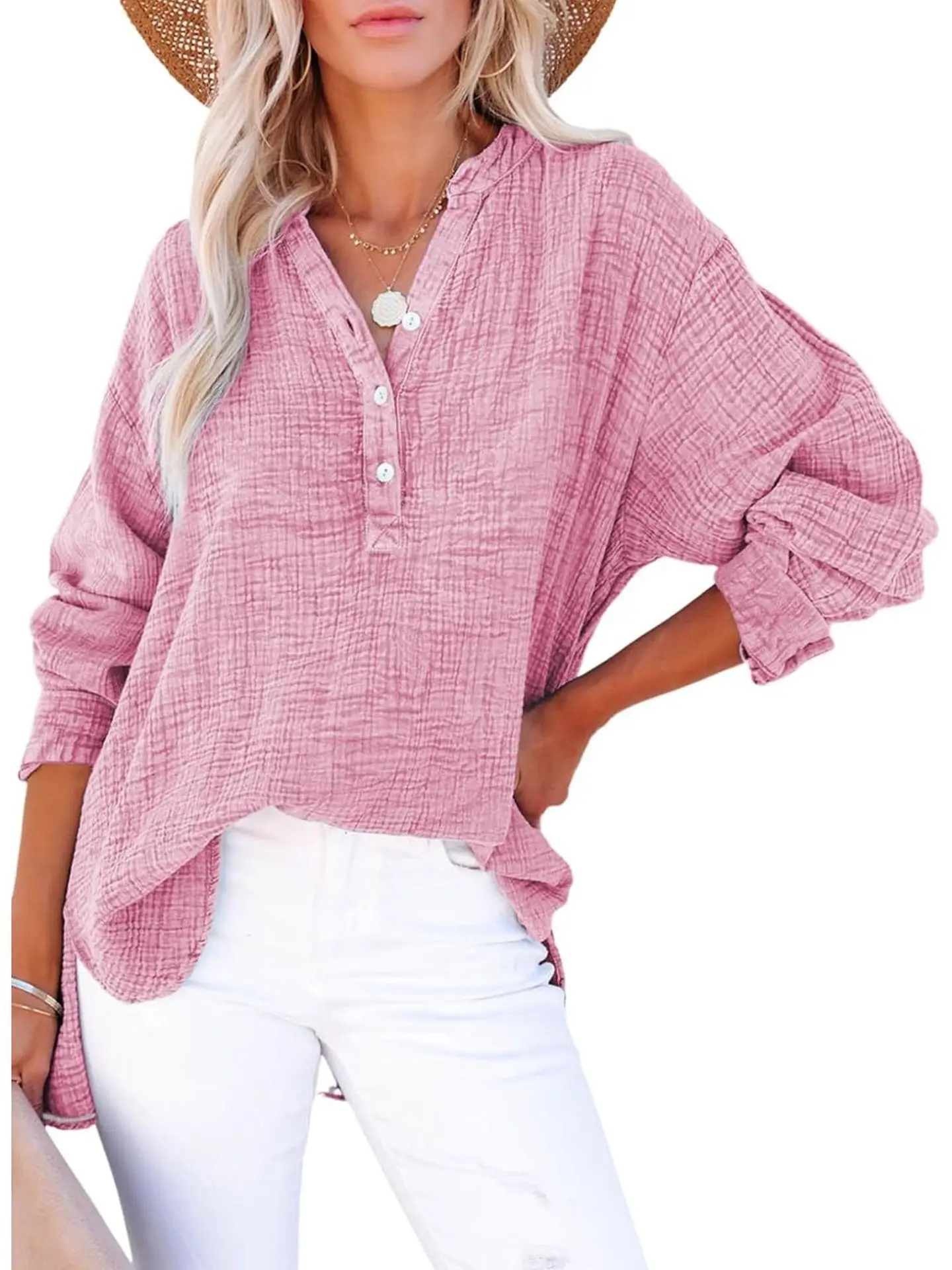 

Свободный повседневный пуловер с v-образным вырезом, однотонный топ на пуговицах, удобный длинный свек из полиэфирного волокна, тонкая летняя мода