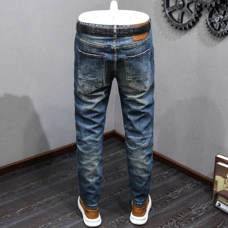 Italian Style Fashion Men Jeans High Quality Retro Washed Blue Stretch Slim Fit Ripped Jeans Men Vintage Designer Denim Pants