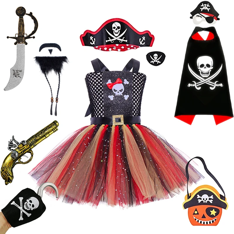 Children's Halloween Cosplay Pirate Captain Costume Carnival Kids Party Girl Skull Print Masquerade Tutu Dress Infants Ball Gown