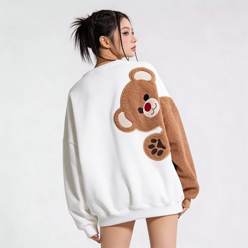 

Y2K Kawaii толстовки женские плюшевые медведи флокированная вышивка с заниженными рукавами толстовки для близнецов друзей одинаковые пуловеры