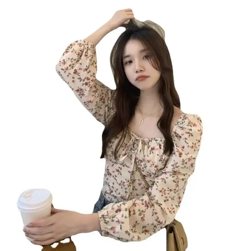 

French Floral irt Women's Spring Summer New Square Collar Long Sve Bubble Sve Polyester Fiber 00% Casual Ele