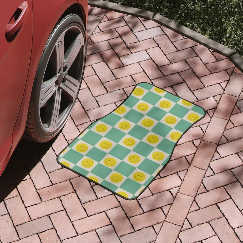 

Boho Car Floor Mats, Aesthetic Y2K Smiley Face Checkerboard Car Floor Mats,Y2K Retro Car Accessories, Cute Car accessories for w