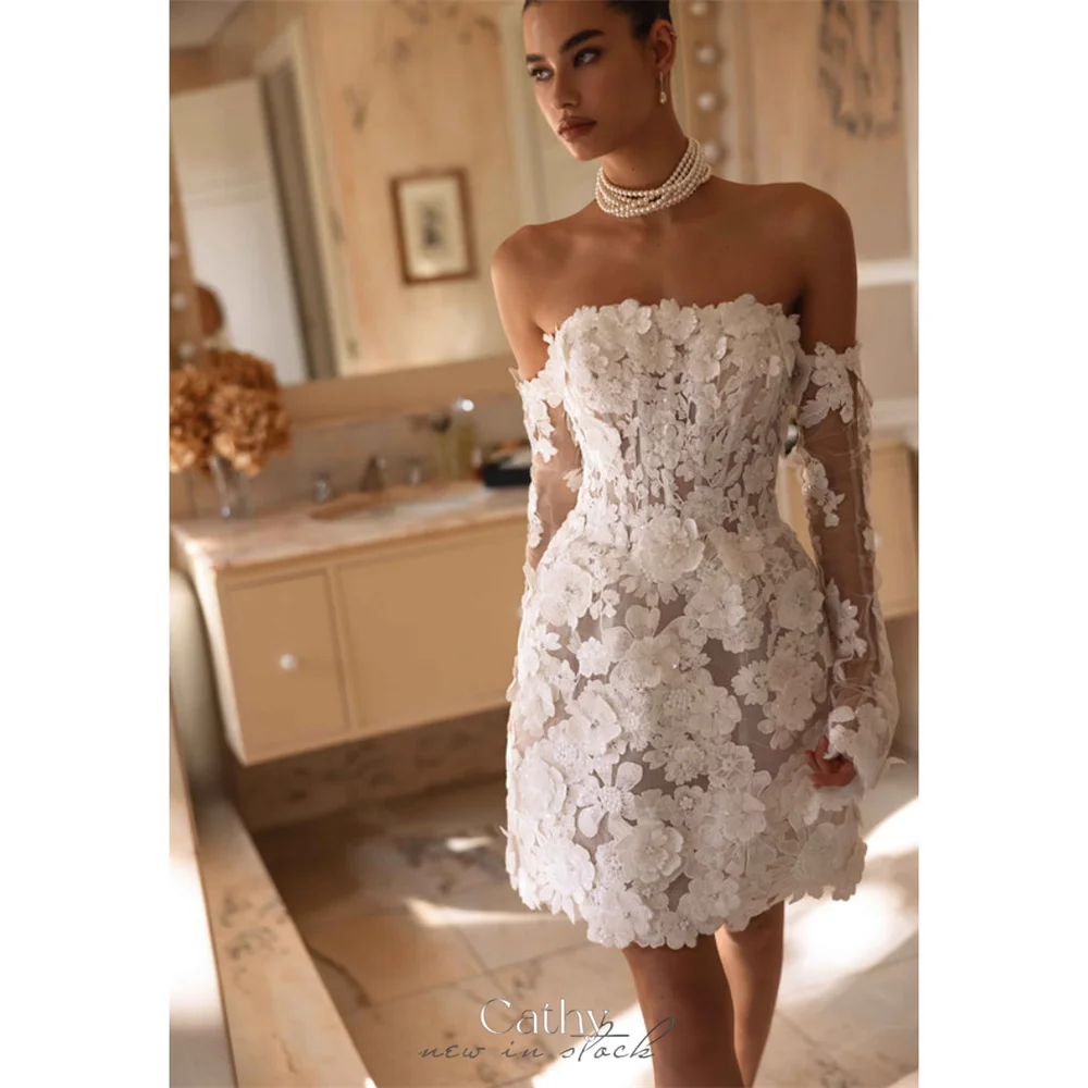 

Cathy Customized Strapless Sheath Lace Embroidery Wedding Dresses Appliques Mini vestidos de noiva Sheer Sleeves Formal Evening